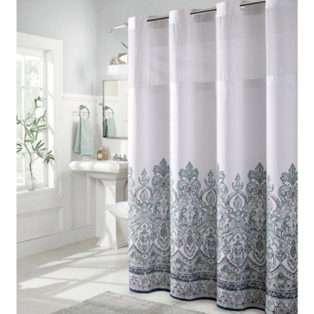 Sure Fit Hookless Shower Curtain Blue Gray Damask Border with PEVA Liner 71x74